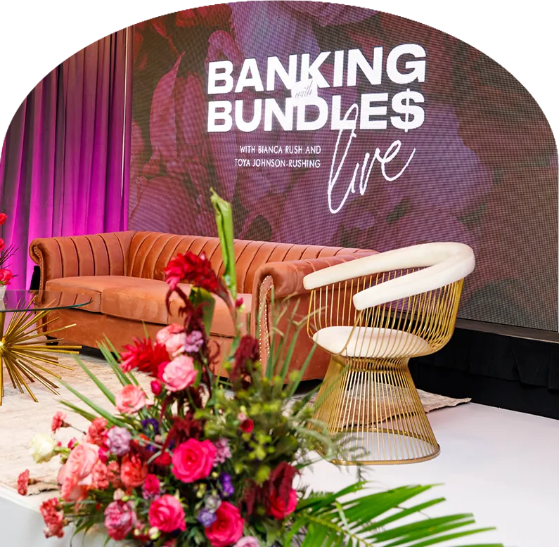 Couch and chair in front of Banking with Bundles live projection